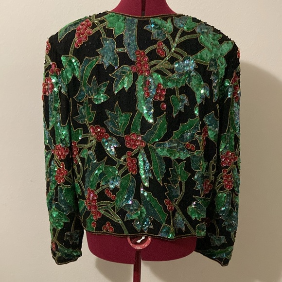 NITELINE Vintage Christmas Floral Sparkly Beaded Sequined Silk Jacket size XL - Picture 4 of 13